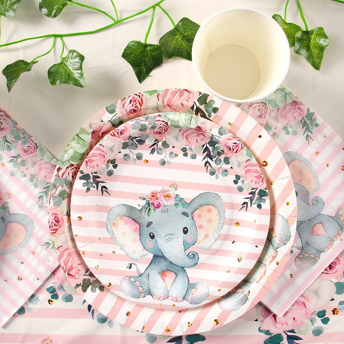 Pink Elephant Paper Plates Set Decorations Kids Birthday Babyshower Party Supplies Disposable Tableware Set Plates Cups Napkins