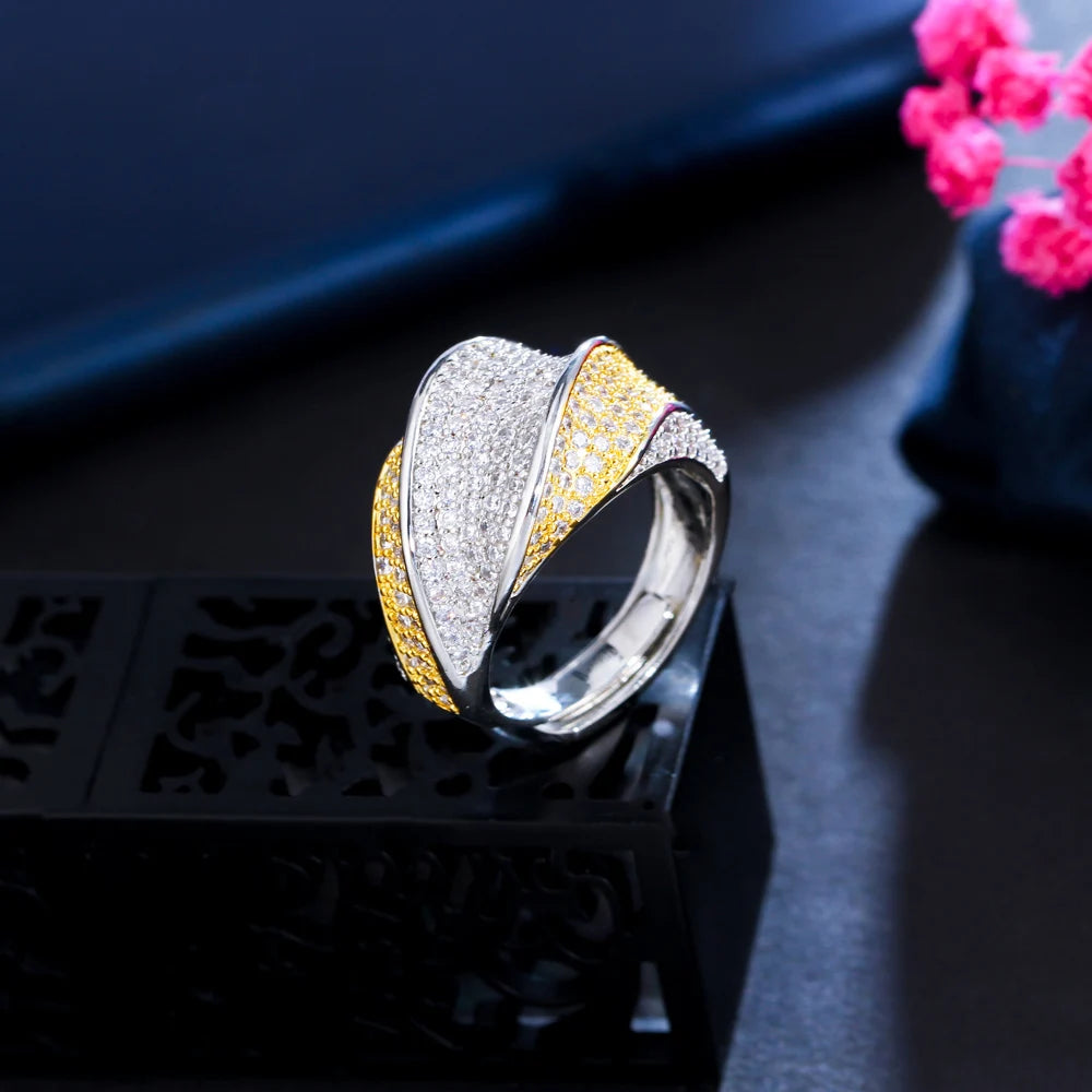 Gorgeous Micro Paved Cubic Zirconia Two Tone Geometric Twisted Party Wedding Adjustable Ring for Women Jewelry