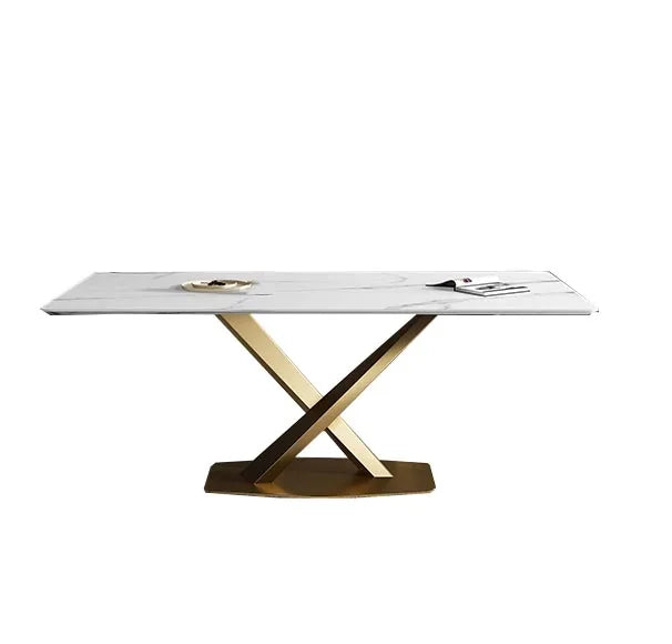 Modern Marble golden rectangle Sintered Stone dining tables set Metal base tables designs Luxury Wedding Dining room furniture