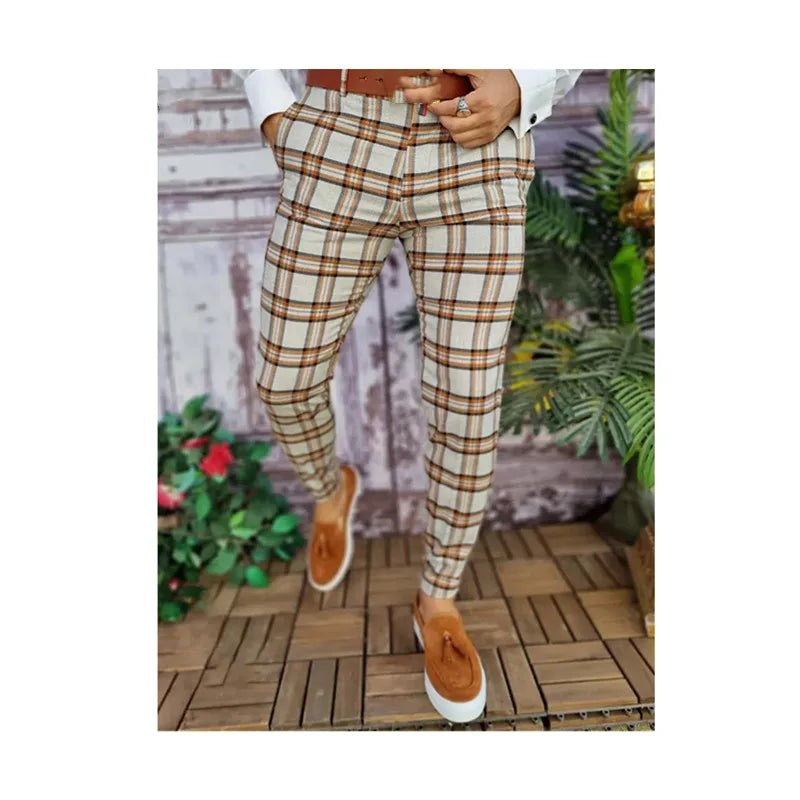 Custom Men's Dress Pants Plaid Printed Anti-Wrinkle Mid Waist Zipper Fly Custom Logo Skinny Pencil Trouser