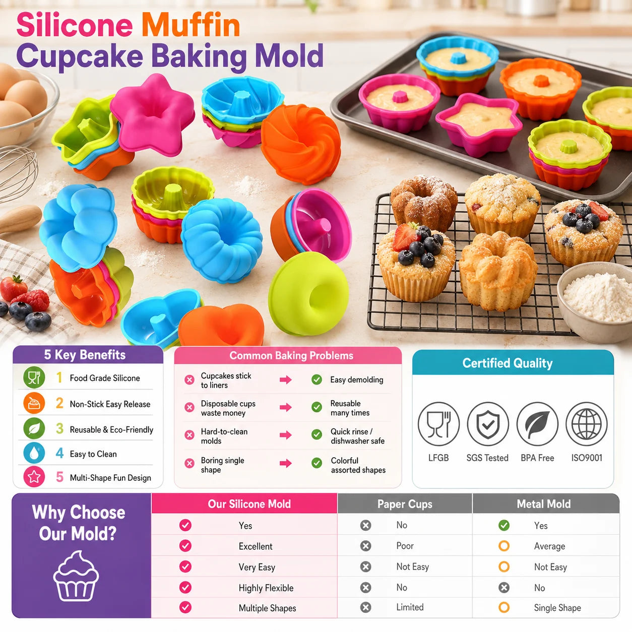 Customized Logo Silicone Cupcake Baking Cups OEM ODM Reusable Muffin Liners for Bakery and Kitchen Use Bulk Supply