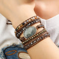 Women Leather Armbander Handmade Natural Stone Crystal Dalmatian Jasper Bamboo Agate Bracelet 5 Strands Wrap Bracelets