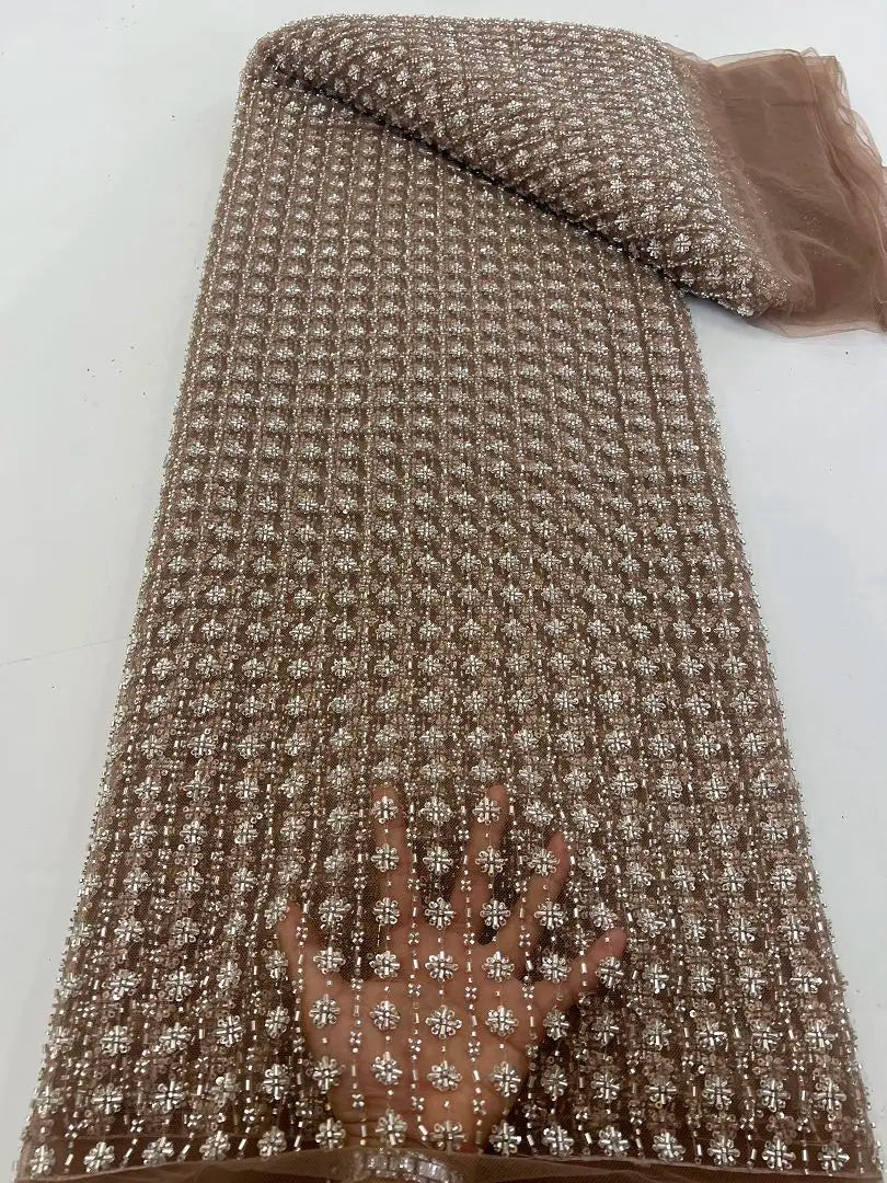 Luxury Brown Crystal Sequins Embroidery Beads Handmade Dubai Bridal Beaded Lace Fabric