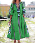 Casual Bohemian Autumn Women's V-Neck Aztec Pattern Digital Printing Three Quarter Lantern Sleeve Dress