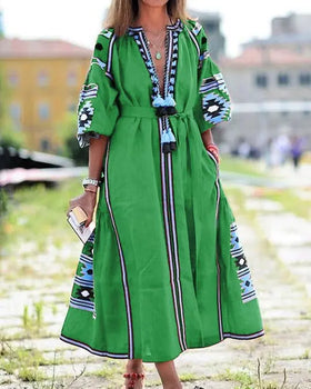 Casual Bohemian Autumn Women's V-Neck Aztec Pattern Digital Printing Three Quarter Lantern Sleeve Dress