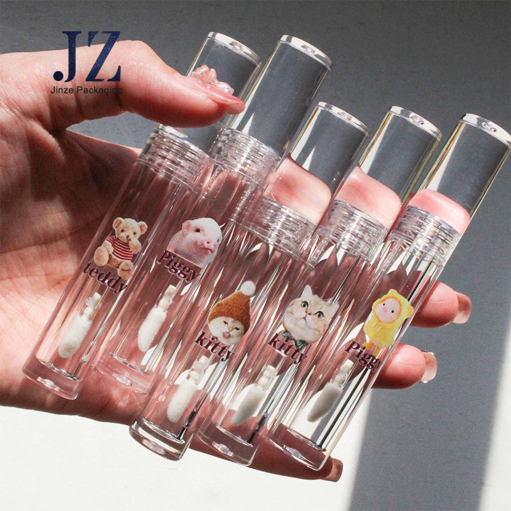 Jinze PETG+AS Transparent or Tea Milk Color Lip Gloss Tube with Cute 3D Printing Lip Glaze Packaging