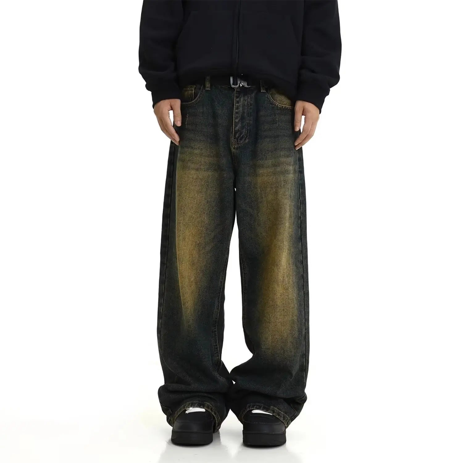 RNSHANGER Mens Retro Casual Washed Jeans Personality Streetwear Straight Versatile Trouser Fashion Men'S Clothing Jeans