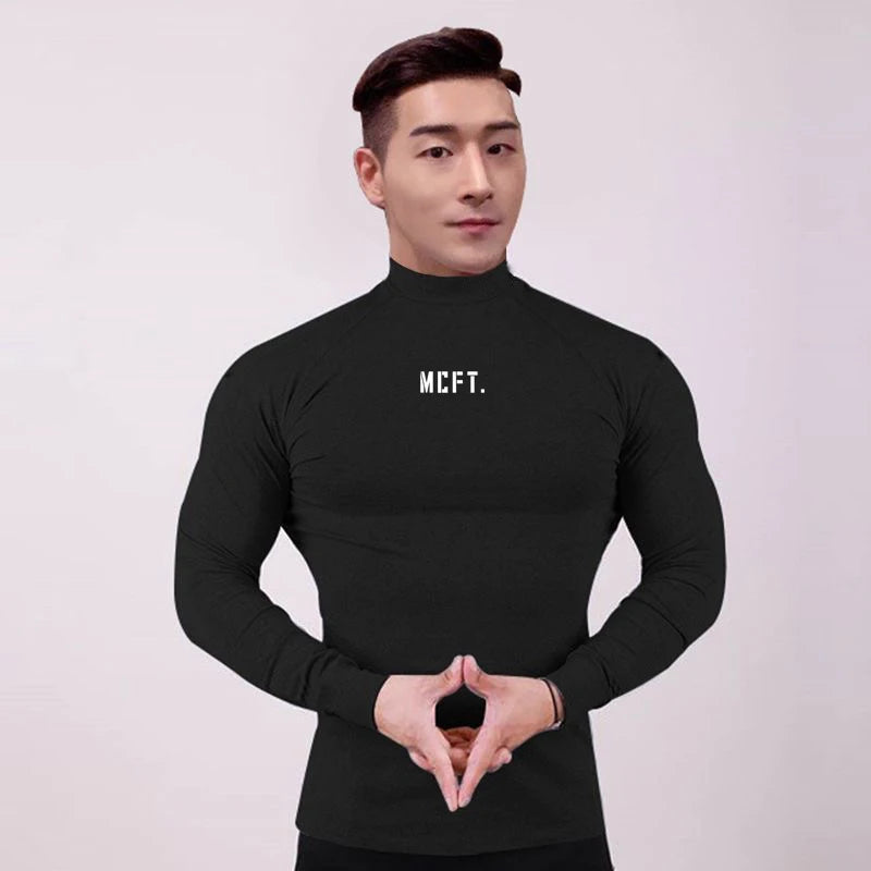 Mens Cotton Gym Sports Bodybuilding Slim T Shirt Men High Neck Long Sleeve Workout Fitness Running Shirt