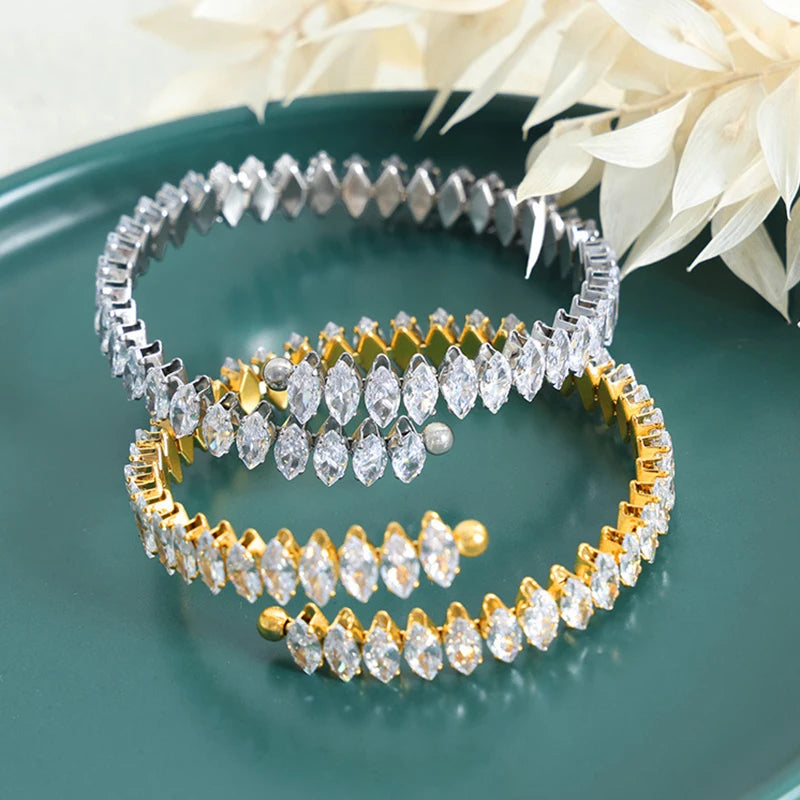8mm Wide Full Shiny Oval Zircon Stainless Steel Bangle Soft Chain Non Tarnish Bangles Women Fashion Elegant Luxury Jewelry Hot
