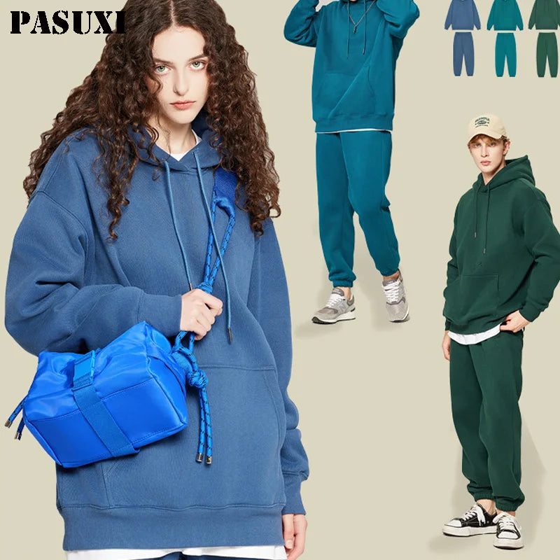 PASUXI Wholesale Men Straight Stacked Tracksuit Cargo Joggers Pants Cropped Sweatshirt Hoodies Sets for Couples