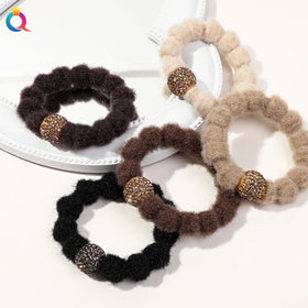 Plush Hair Tie Band with Rhinestone Round Bead Women Girl Ponytail Holder