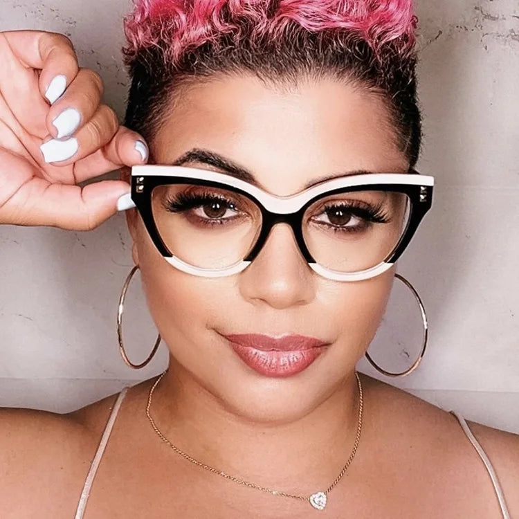 LvCong Fashion Rivet Cat Eye Glasses Frame Women Anti-Blue Light Computer Glasses Retro Optical Eyeglasses Frame