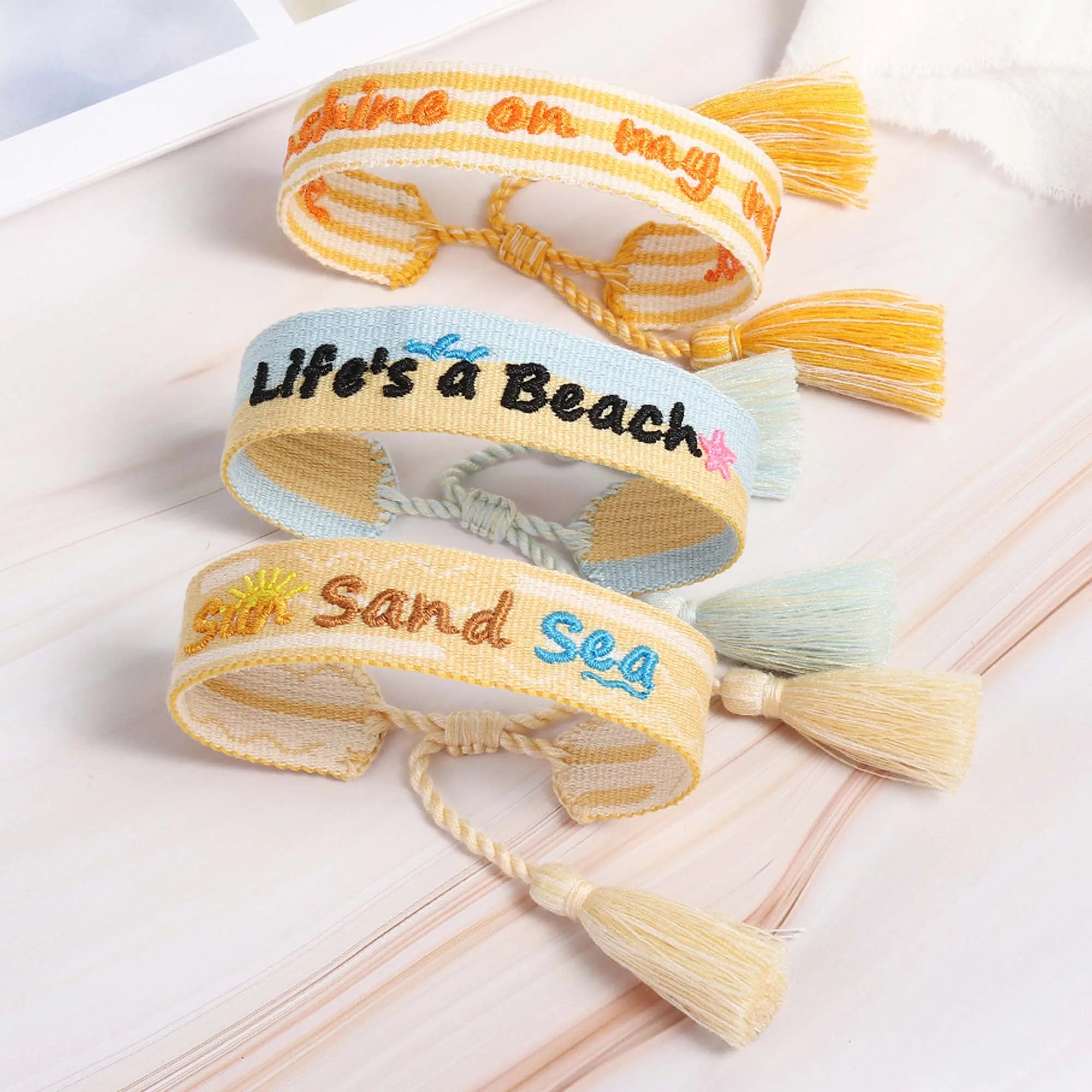 10pcs Sunshine Summer Bracelet Sun Sand Sea Beach Tassel Braided Rope Sunkissed Embroidery Wristband Friendship Jewelry Gifts