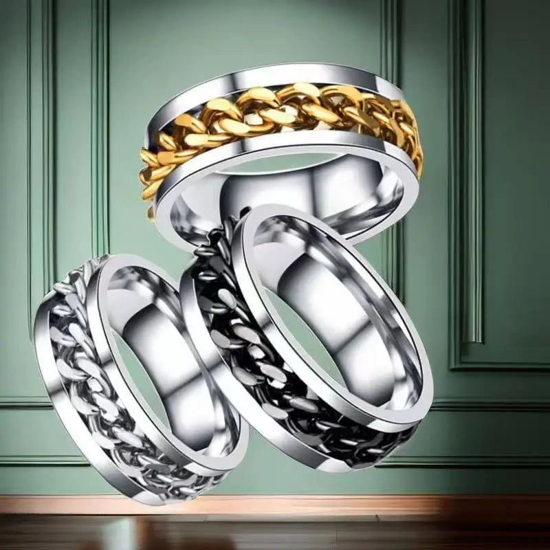 Stylish Stainless Steel Chain Turning Ring Hip Hop Stress Relieving Couple Ring Women's Jewelry Matching Accessories