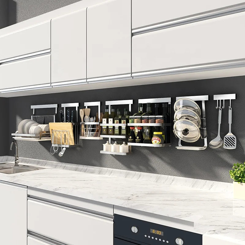 Classic Stainless Steel Kitchen Set Utensil Hanging Storage Wall Mount Folding Dish Spice Rack Shelf Corner Shelves Organizer