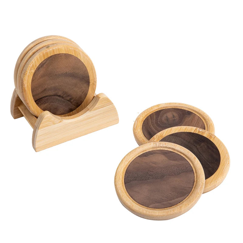 Custom Engraved Logo Splicing Bamboo and Black Walnut Wood Eco-Friendly Beer Coffee Mats 6-Piece Set Cup Coaster with Holder