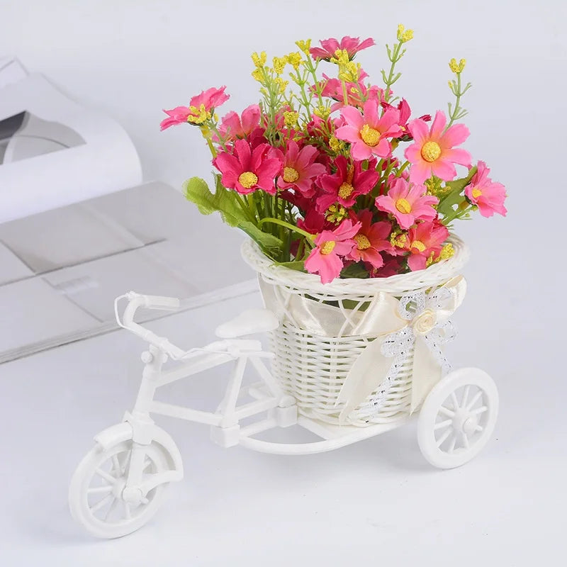 New Design Simulation Cute Bicycle Handmade Wedding Flower Basket Plastic Rattan Woven Decorative Storage Basket