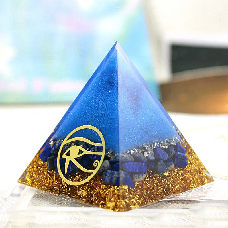 New 6cm Eye of Horus Pattern Crystal Gravel Pyramid Lapis Lazuli  Positive Energy Generator Fengshui Desktop Ornament