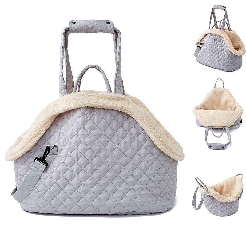 Portable Winter Warm Modern Solid Sustainable Quilted Soft Sided Pet Carrier Removable Fluffy Sleeve Travel Cat Outdoor Handbag