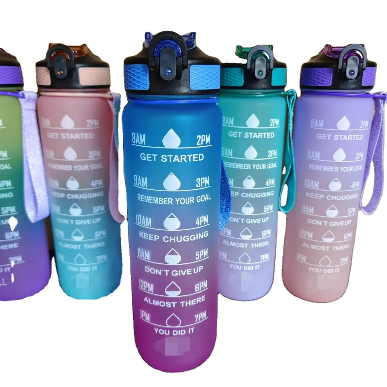 Hot Sale 32 oz 1000ml Plastic Sports Water Bottle with Time Marker Carry Strap Leak-Proof BPA Free