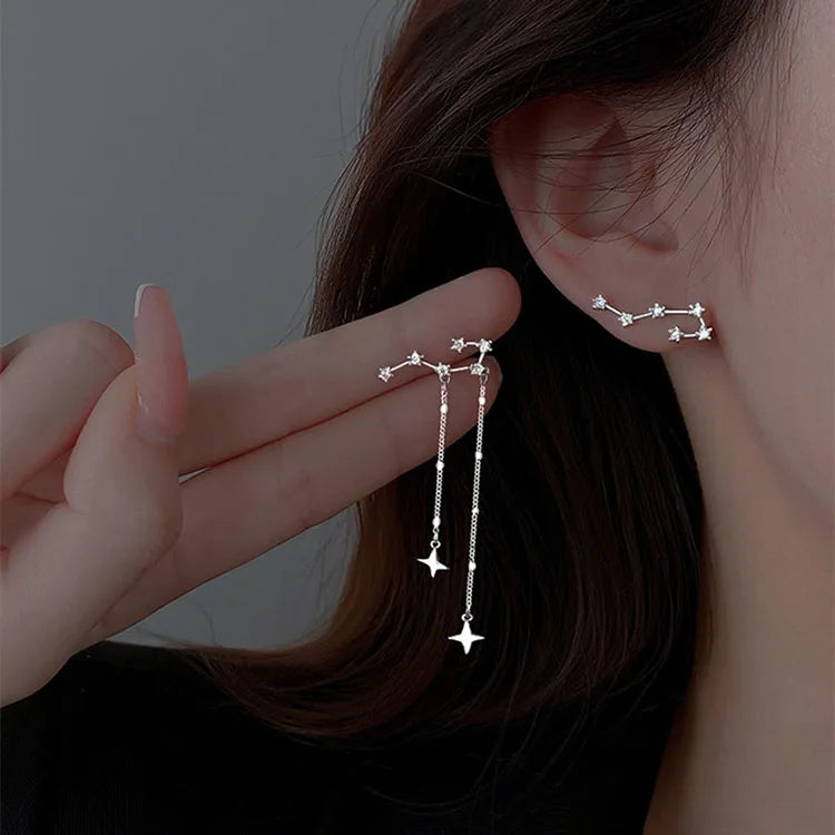 SC New Design Star Stud Earrings Prevent Allergy 925 Sterling Silver Women Earrings Shiny Big Dipper Long Tassel Earrings