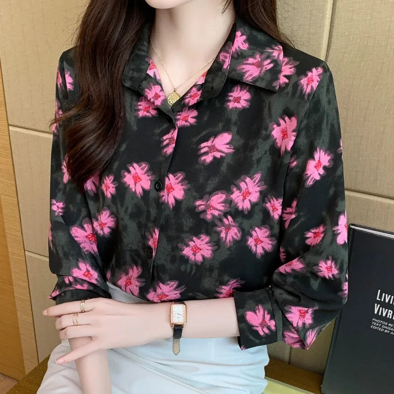 Chrysanthemum Oil Painting Shirt Women's Retro Hong Kong Style Chiffon Shirt 2025 Floral Chic Blouse Top 3071#