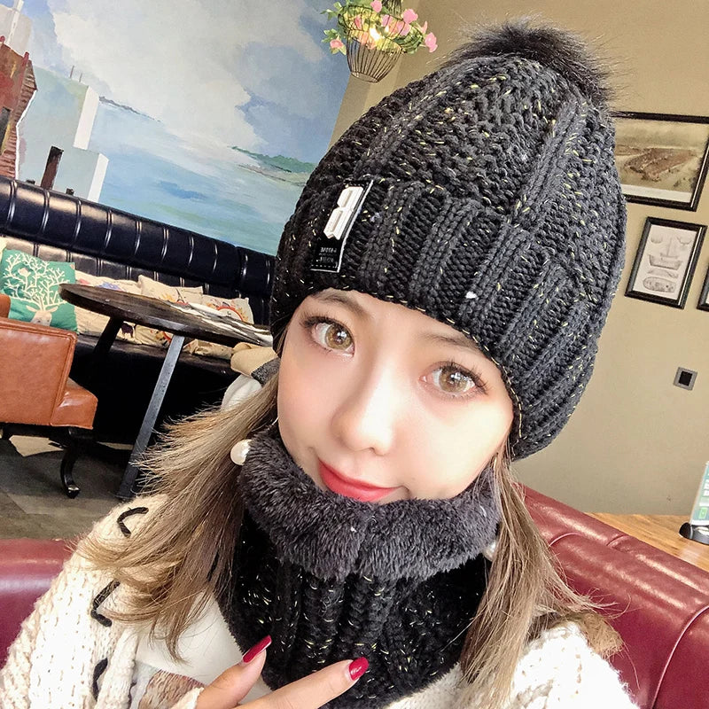 Soft Comfortable Feeling Keep Warm Fur Ball Decoration Winter Cute Women Hats Scarves Sets