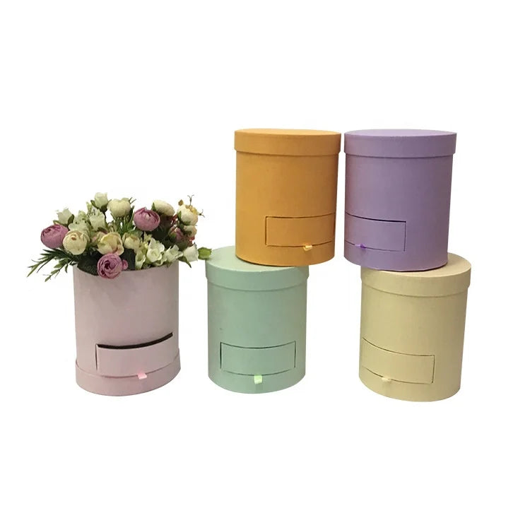 Wholesale Mini Cardboard Cylindrical Flower Bucket Gift Box Macaron Round Flower Box with Drawer for Embossed Gift Packing