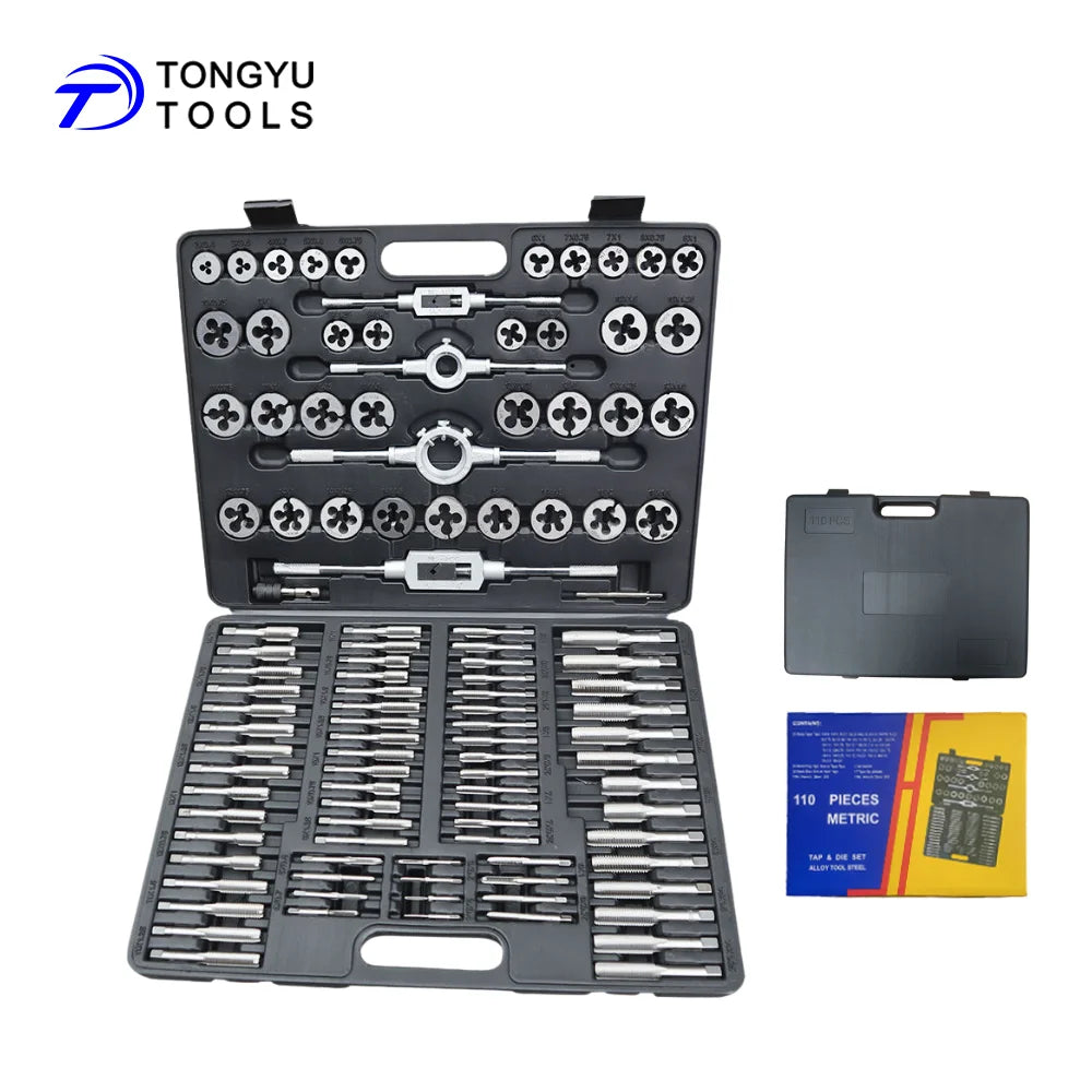 110 Pcs Metric Tap and Die Set Threading Kit with Taps Dies Wrenches for Bolt Repair and Metalworking in Plastic Storage Case