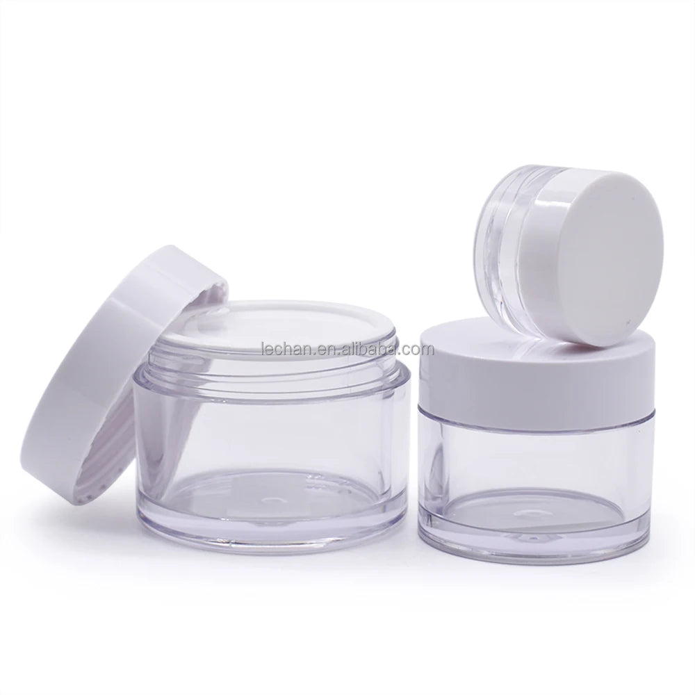 Stock 5g 10g 20g 1oz 4oz 8oz Petg Acrylic Thicken Bottom Transparent Empty Cosmetic Plastic Jars with White Lids
