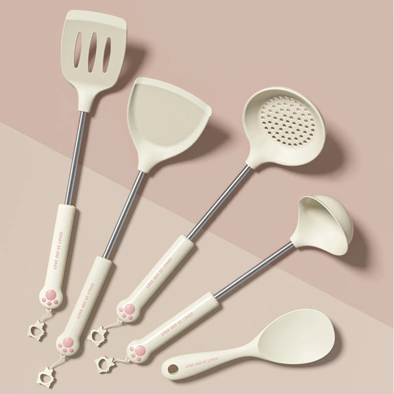 Cartoon Cooking Tools 5 Pcs Sets Silicone Spatulas Set Stainless Steel Ladle Turner Skimmer Home and Kitchen Accessories