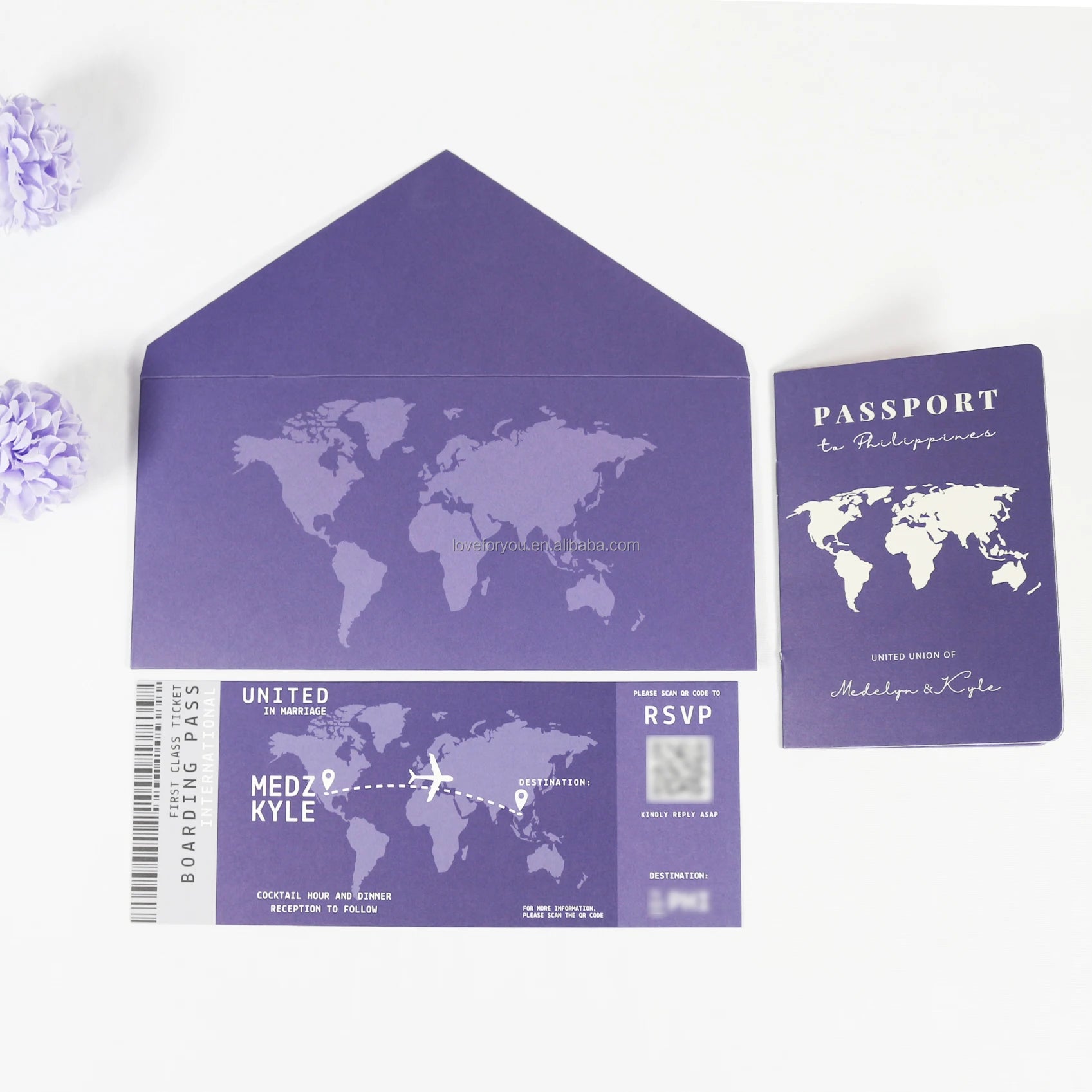 Purple Passport Wedding Save the Date with QR Code Boarding Pass Destination Wedding Invitation Card