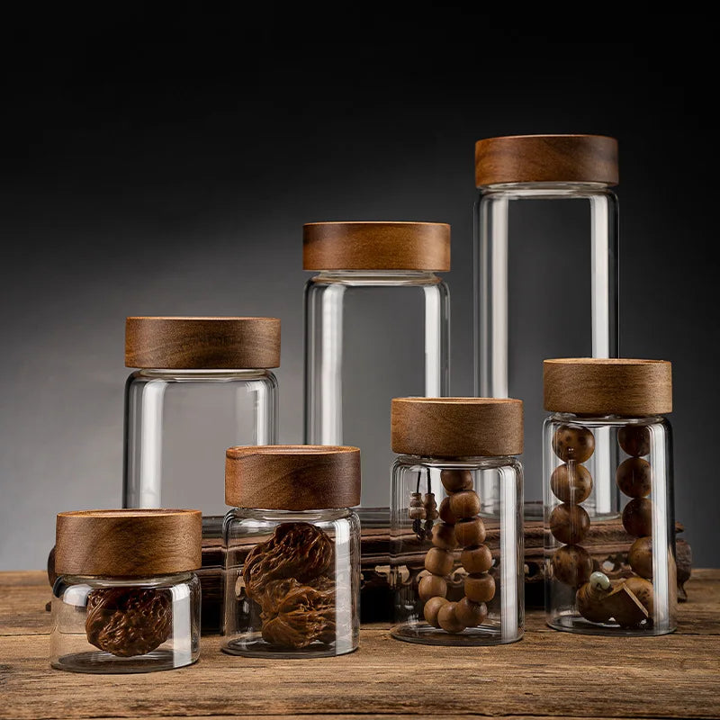 Home Kitchen Storage Bottles Jar Thread Wood Lid Sealed Food Container Tea Coffee Beans Grains Candy Glass Jars
