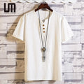 Liu Ming Trending Products 2025 Summer Fashion Men Casual V Neck Button Short Sleeve Linen Tops Plus Size T Shirts