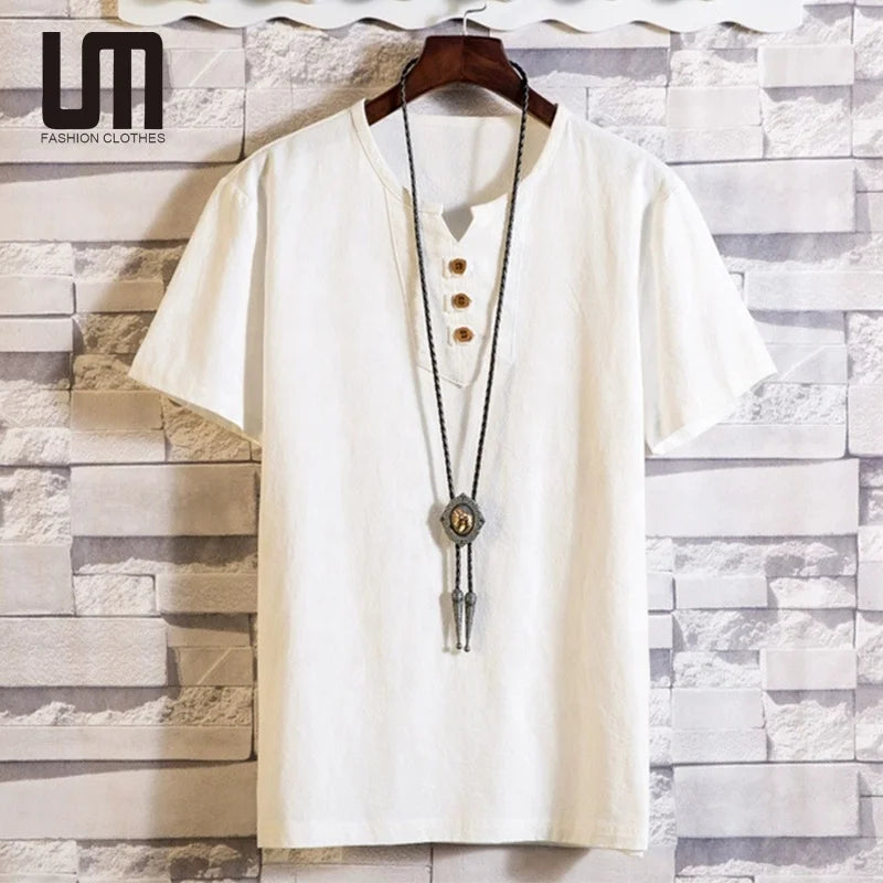 Liu Ming Trending Products 2025 Summer Fashion Men Casual V Neck Button Short Sleeve Linen Tops Plus Size T Shirts