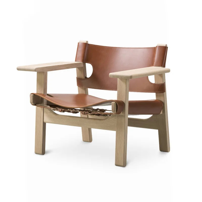 Wabi-sabi Saddle Leather Hunting Single Chair Nordic Living Room Casual Bedroom Chair with Armrest Solid Wood Spanish Chair