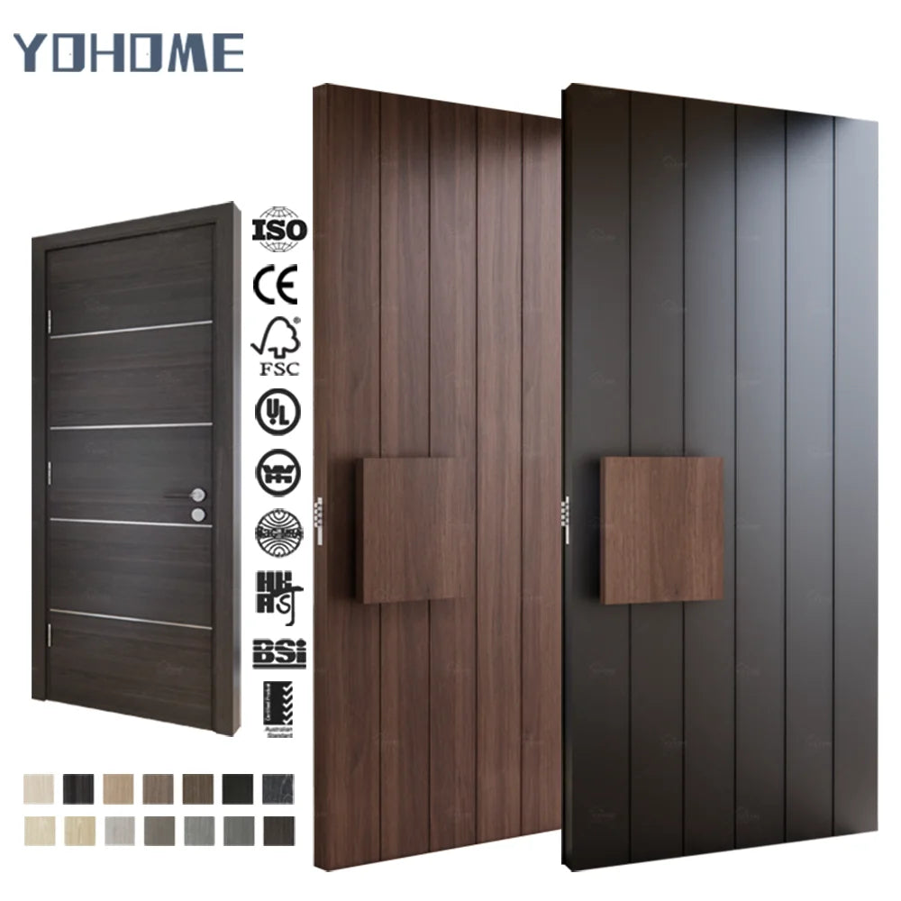 American Style Customizable Unique Handle Front Entry External Door Villa Farmhouse Oak Solid Wood Wooden Slat Plank Doors
