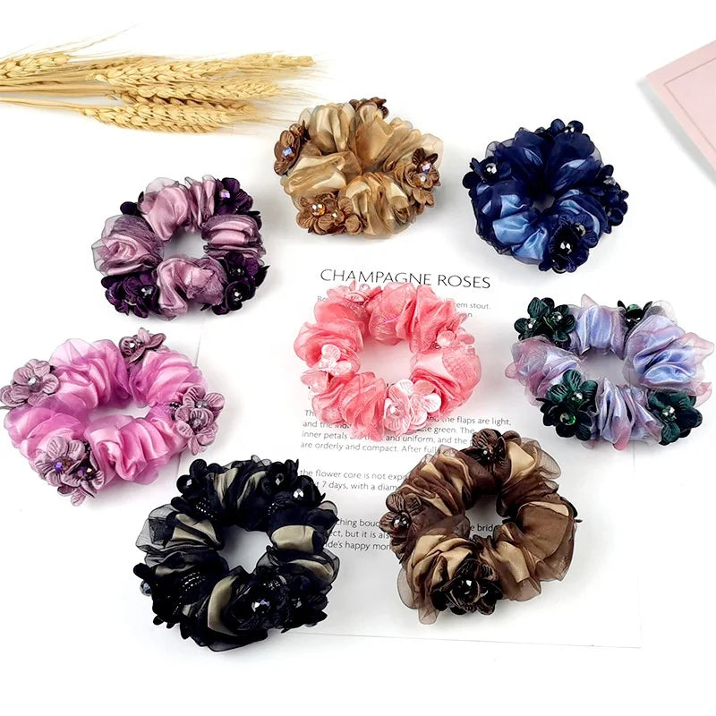 2025 New High Stretch Elastic Hair Band Lace Tulle Scrunchy Hair Ties Flower Floral Crystal Rhinestone Charm Organza Scrunchies