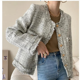 Tassel Small Fragrant Waterproof Polyester Coat Women's Spring and Autumn Style Elegant Metal Button Casual Top