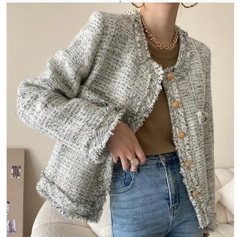 Tassel Small Fragrant Waterproof Polyester Coat Women's Spring and Autumn Style Elegant Metal Button Casual Top