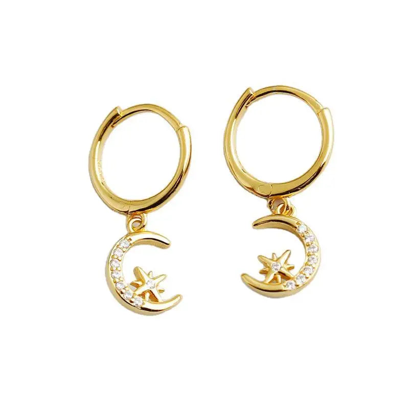 Wholesale 925 Sterling Silver Gold Star Moon Zircon Hoop Earrings for Women Jewelry 2022