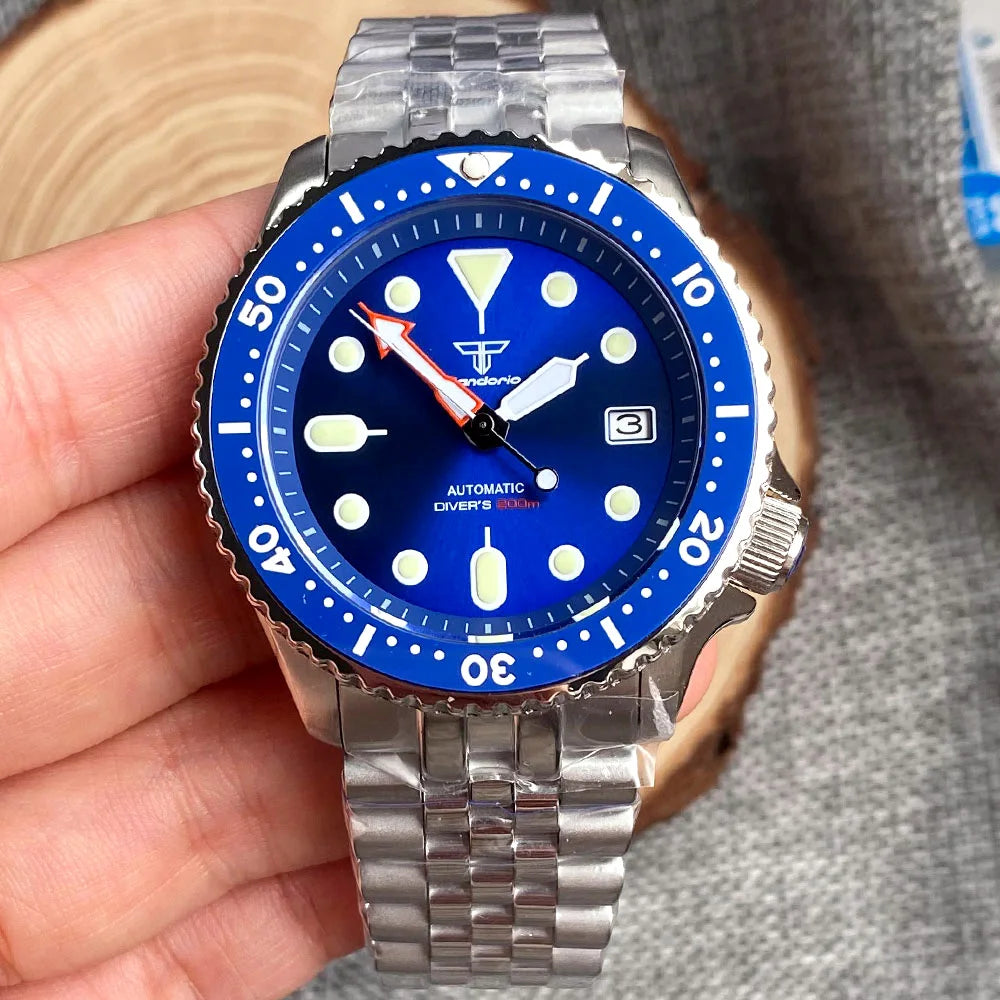 Diver Tandorio Blue NH35 Mechanical Watch Men Orange Hand SKX Mod 3.8 Crown NH35 Movt 120Clicks Bezel Waterproof Clock