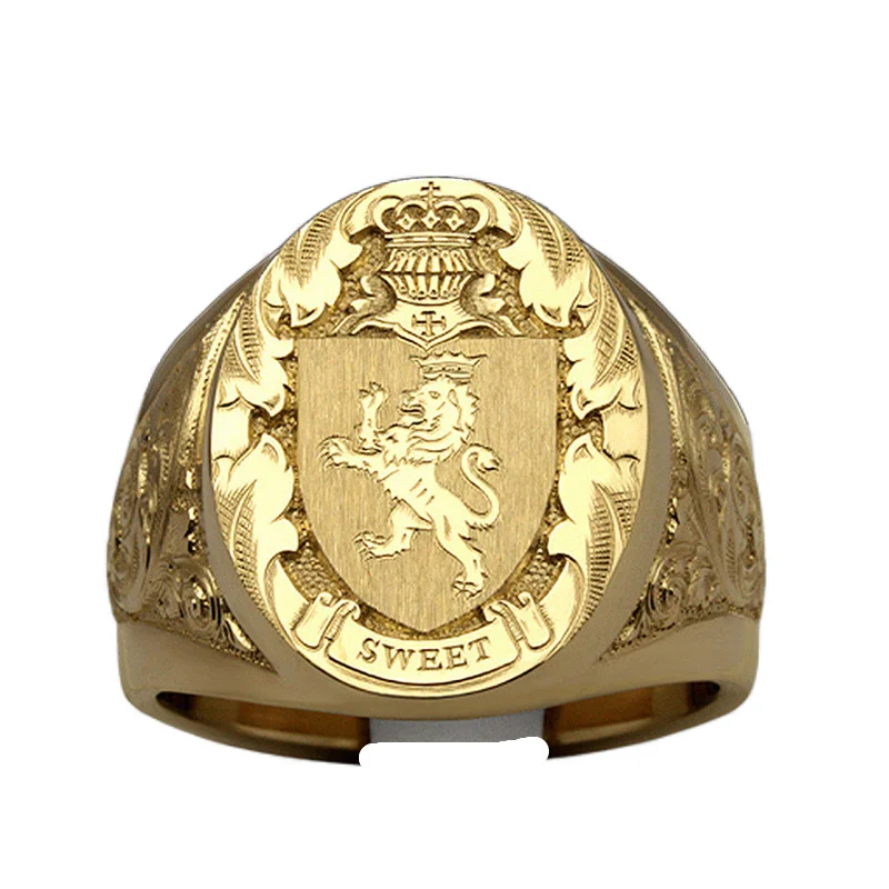 Classic Brass 14K Gold Plated Crown Lion Shield Badge European & American Style Royal Seal Men's Ring