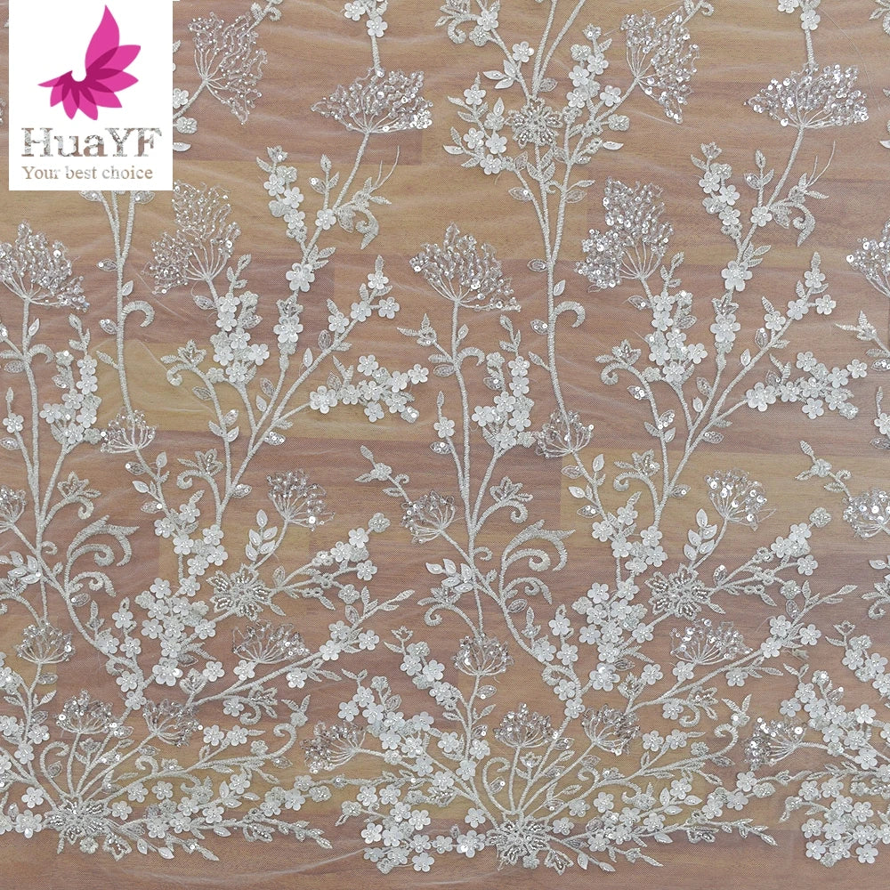 HY1288-2 White Bridal Lace With Beads and Sequins French Tulle Fabrics for Wedding Dress