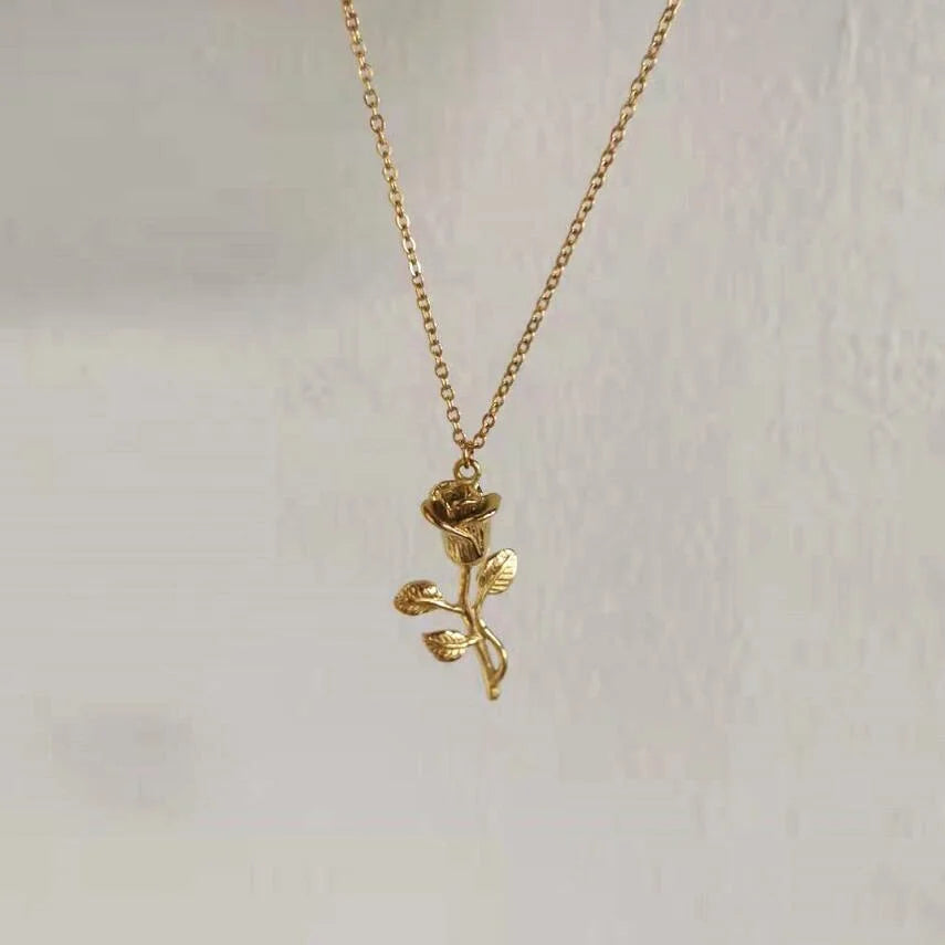 Stainless Steel Jewelry Wedding Valentine's Day Gifts Love 18K Gold Rose Flower Pendant Necklace Girlfriend Wife Women Bouquet
