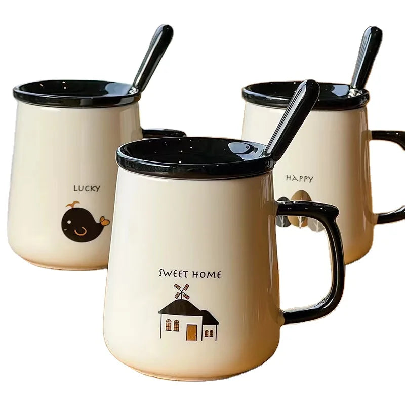 Hot Selling 2023 Modern Black and White Ceramic Mugs with Lid and Spoon Coffee Cup Water Cup Fathers Day Gift for Dad