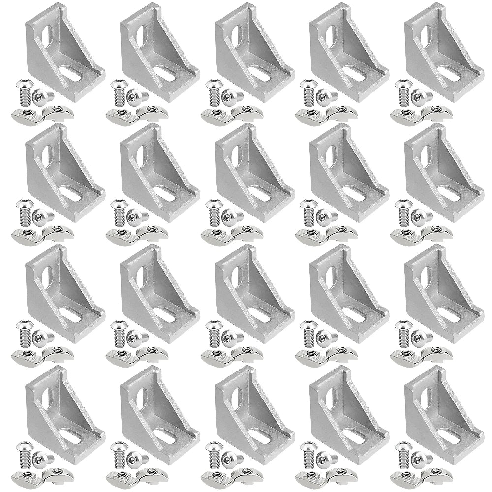 20 Sets Silver Metal Slot 6/8mm Corner Angle L Brackets Connector Fasten 1515 1720 2028 3030 Series Fastening Brackets