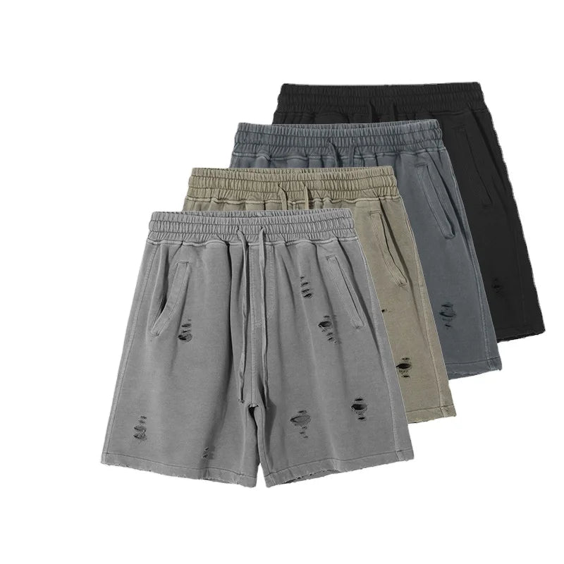 Heavily Washed and Worn Loose Shorts Men's Fashion Label Cut Vintage Shorts Pure Cotton Shorts Customized