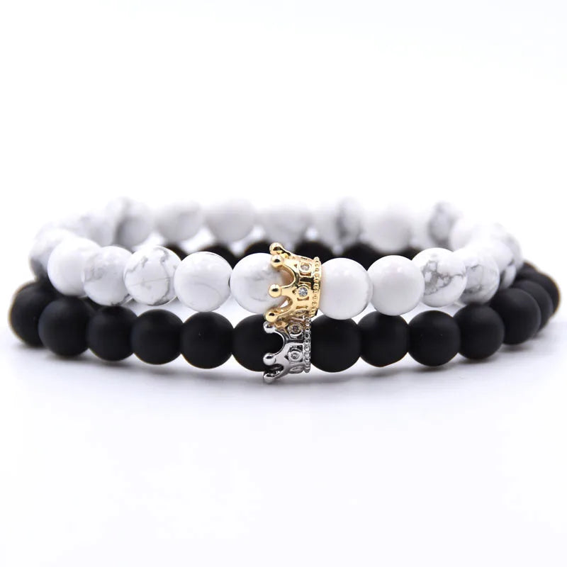 King&Queen Crown Distance Couple Gemstone Bracelets 8mm Matte Onyx Beads Bangle for Him Her Turquoise Friendship Bracelets for