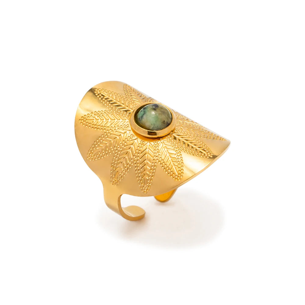 18K Gold Plated Stainless Steel Vintage Open Africa Turquoise Stone Ring Width Rings High-quality  for Girls Women